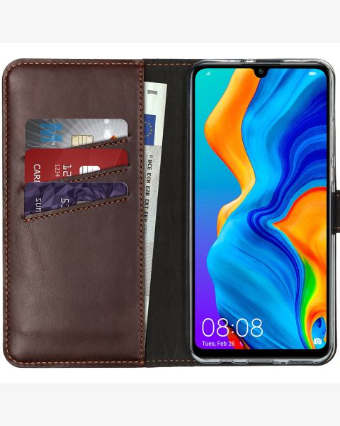 Selencia Echt Lederen Bookcase Huawei P30 Lite - Bruin / Braun  / Brown