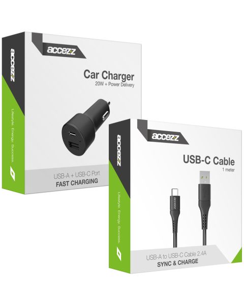 Car Charger 20W + USB-C naar USB kabel - 1 meter - Zwart - Zwart
