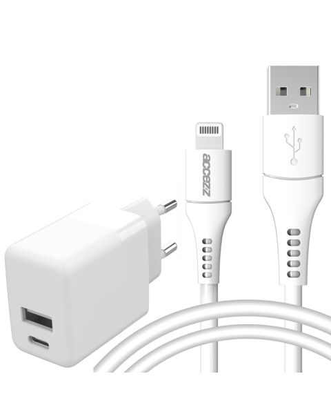 Accezz Wall Charger met Lightning naar USB kabel - Oplader - MFi certificering - 20 Watt - 1 meter - Wit / Weiß / White