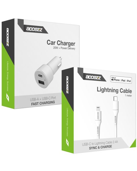 Car Charger 20W + USB-C naar Lightning kabel - 1 meter - Wit - Zwart