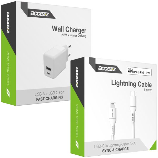 Accezz Wall Charger met Lightning naar USB-C kabel - Oplader - MFi certificering - 20 Watt - 1 meter - Wit / Weiß / White