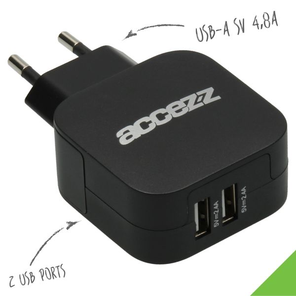 Accezz Double USB Thuislader 4.8A - Zwart / Schwarz / Black