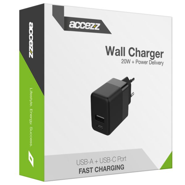 Accezz Wall Charger - Oplader - USB-C en USB aansluiting - Power Delivery - 20 Watt - Zwart / Schwarz / Black