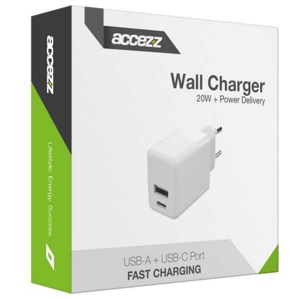 Accezz Wall Charger - Oplader - USB-C en USB aansluiting - Power Delivery - 20 Watt - Wit / Weiß / White