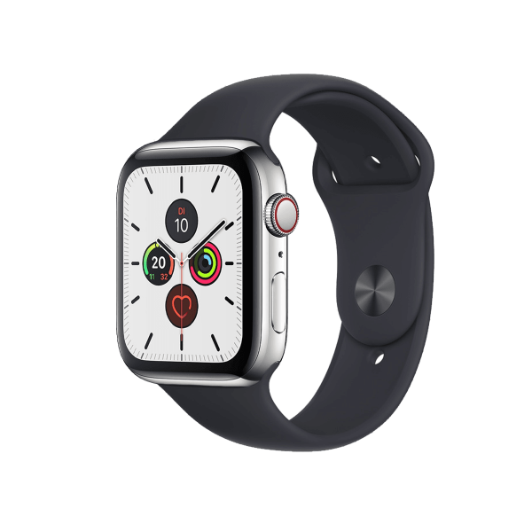 Refurbished Apple Watch Series 5 | 44mm | Stainless Steel Case Silver | Midnight Blue Sport Band | GPS | WiFi + 4G