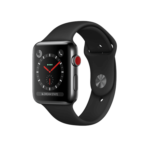 Refurbished Apple Watch Series 3 | 42mm | Stainless Steel Case Black | Black Sport Band | GPS | WiFi + 4G