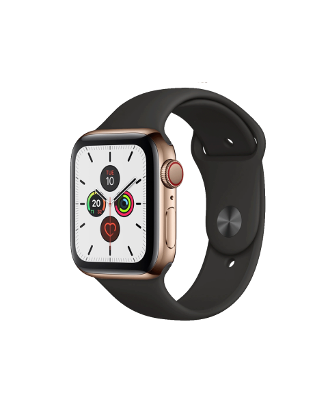 Apple Watch Series 5 | 44mm | Stainless Steel Case Goud | Zwart sportbandje | GPS | WiFi + 4G