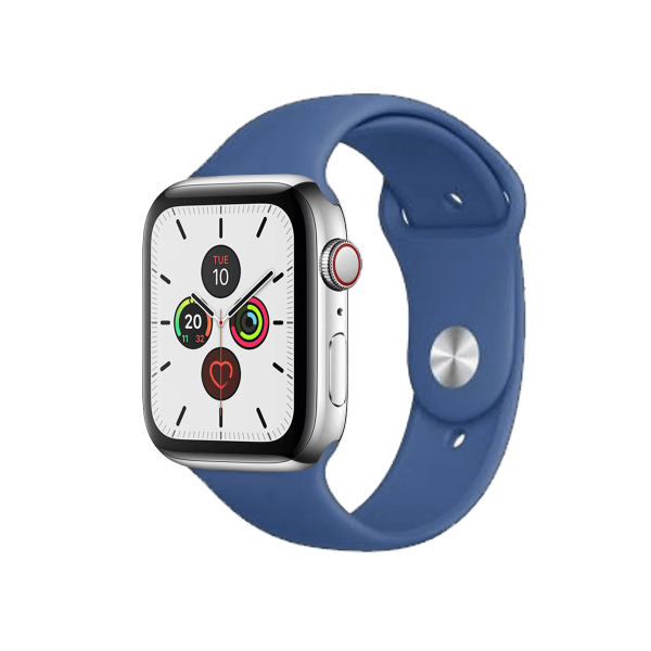Refurbished Apple Watch Series 5 | 44mm | Stainless Steel Case Silver | Delft Blue sports band | GPS | WiFi + 4G