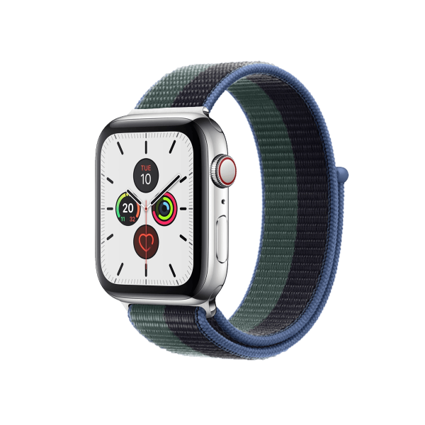 Refurbished Apple Watch Series 5 | 44mm | Stainless Steel Case Silver | Blue/green Sport Band | GPS | WiFi + 4G