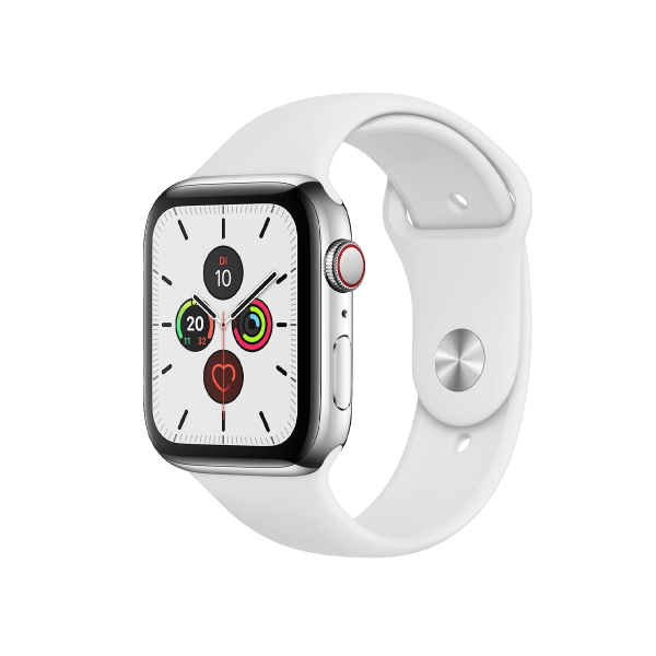Refurbished Apple Watch Series 5 | 44mm | Stainless Steel Case Silver | White Sport Band | GPS | WiFi + 4G