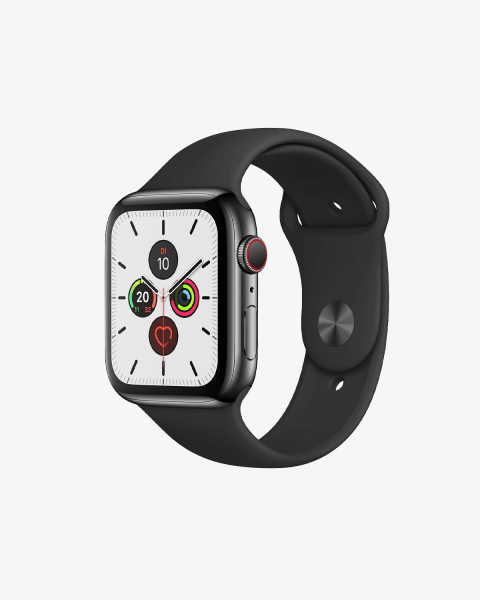 Refurbished Apple Watch Series 5 | 44mm | Stainless Steel Case Black | Black Sport Band | GPS | WiFi + 4G