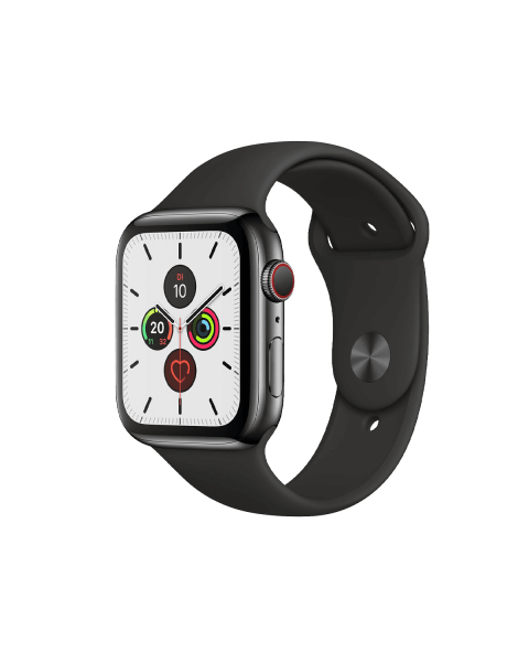 Refurbished Apple Watch Series 5 | 44mm | Stainless Steel Case Black | Black Sport Band | GPS | WiFi + 4G