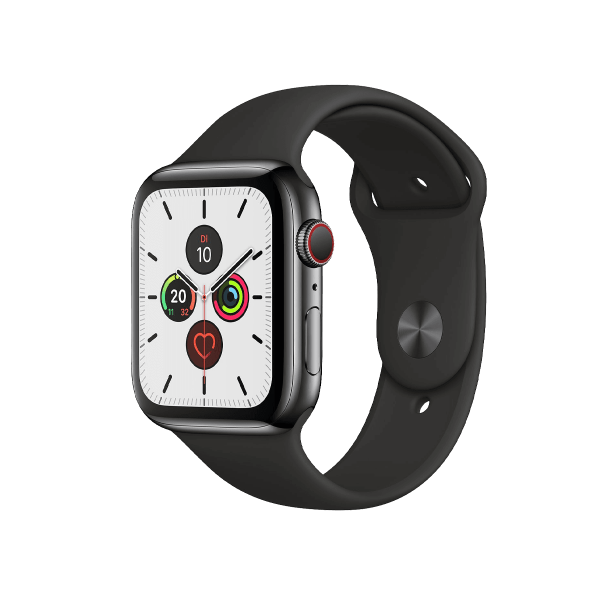 Refurbished Apple Watch Series 5 | 44mm | Stainless Steel Case Black | Black Sport Band | GPS | WiFi + 4G