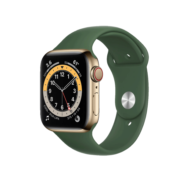 Refurbished Apple Watch Series 6 | 44mm | Stainless Steel Case Gold | Green Sport Band | GPS | WiFi + 4G