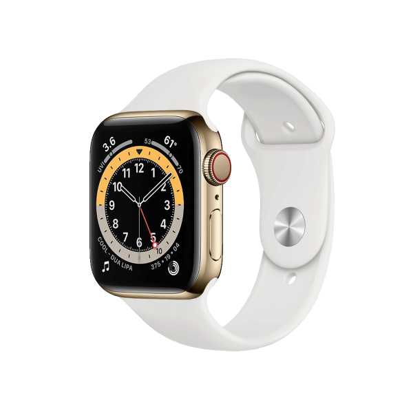Refurbished Apple Watch Series 6 | 44mm | Stainless Steel Case Gold | White Sport Band | GPS | WiFi + 4G | W1
