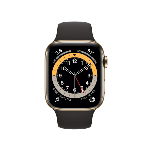Refurbished Apple Watch Series 6 | 44mm | Stainless Steel Case Gold | Black Sport Band | GPS | WiFi + 4G