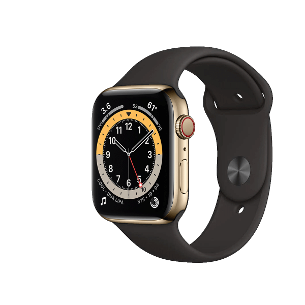 Refurbished Apple Watch Series 6 | 44mm | Stainless Steel Case Gold | Black Sport Band | GPS | WiFi + 4G