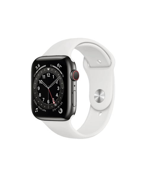 Refurbished Apple Watch Series 6 | 44mm | Stainless Steel Case Graphite | White Sport Band | GPS | WiFi + 4G