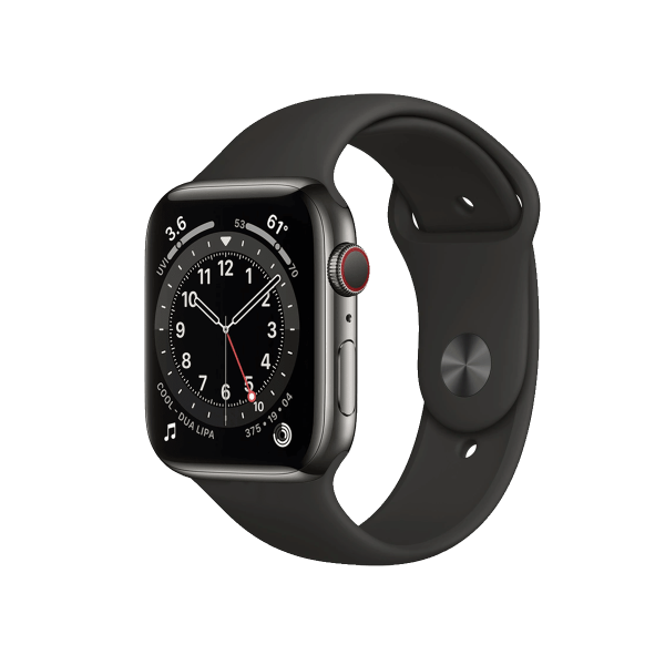 Refurbished Apple Watch Series 6 | 44mm | Stainless Steel Case Graphite | Black Sport Band | GPS | WiFi + 4G