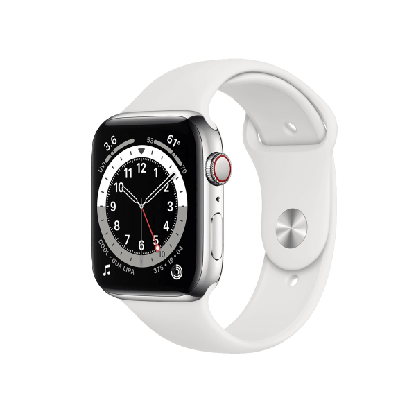 Refurbished Apple Watch Series 6 | 44mm | Stainless Steel Case Silver | White Sport Band | GPS | WiFi + 4G | W1