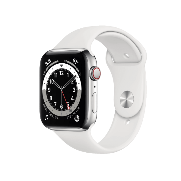 Refurbished Apple Watch Series 6 | 44mm | Stainless Steel Case Silver | White Sport Band | GPS | WiFi + 4G