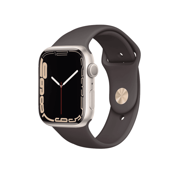Refurbished Apple Watch Series 7 | 45mm | Aluminum Case Starlight White | Brown Sport Band | GPS | WiFi + 4G