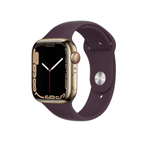 Refurbished Apple Watch Series 7 | 45mm | Stainless Steel Case Gold | Dark Cherry Sport Band | GPS | WiFi + 4G