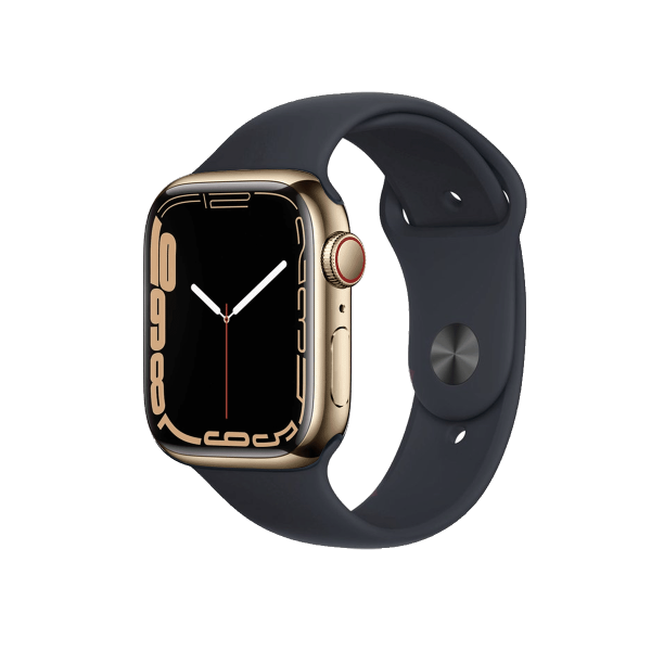 Refurbished Apple Watch Series 7 | 45mm | Stainless Steel Case Gold | Midnight Blue Sport Band | GPS | WiFi + 4G