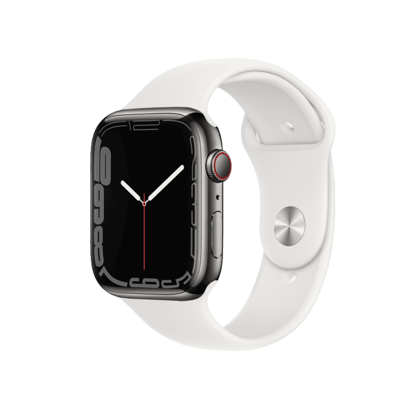 Refurbished Apple Watch Series 7 | 45mm | Stainless Steel Case Graphite | White Sport Band | GPS | WiFi + 4G