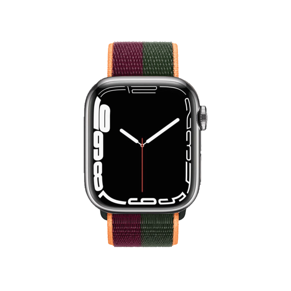 Refurbished Apple Watch Series 7 | 45mm | Stainless Steel Case Silver | Dark Cherry/Forest Green Sport Band | GPS | WiFi + 4G