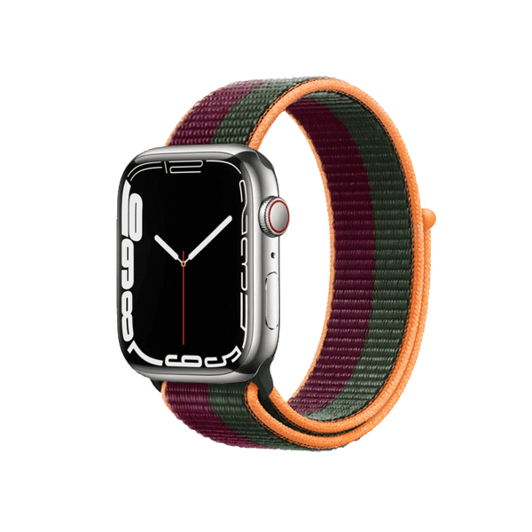 Refurbished Apple Watch Series 7 | 45mm | Stainless Steel Case Silver | Dark Cherry/Forest Green Sport Band | GPS | WiFi + 4G