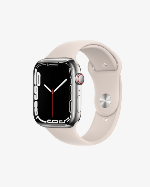 Refurbished Apple Watch Series 7 | 45mm | Stainless Steel Case Silver | Starlight White Sport Band | GPS | WiFi + 4G