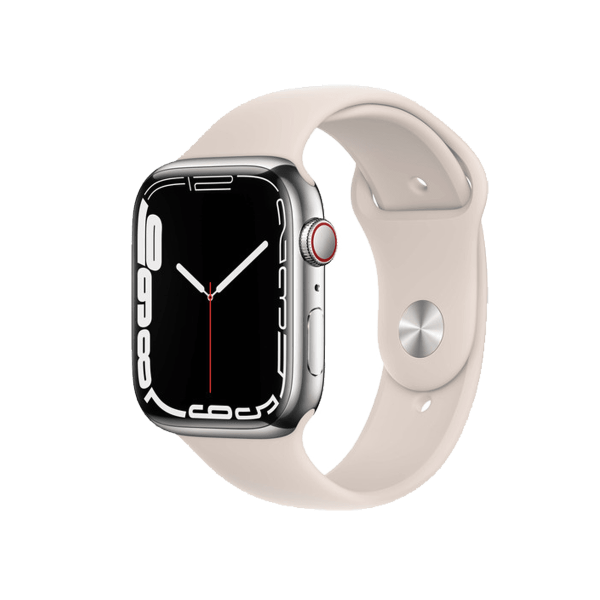 Refurbished Apple Watch Series 7 | 45mm | Stainless Steel Case Silver | Starlight White Sport Band | GPS | WiFi + 4G