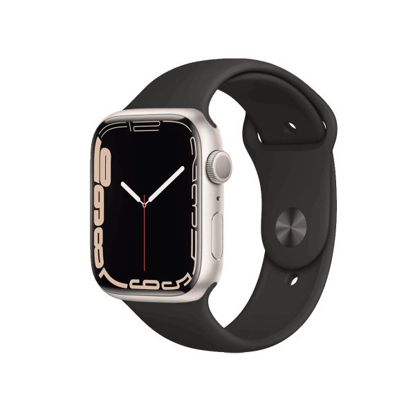 Refurbished Apple Watch Series 7 | 45mm | Aluminum Case Starlight White | Black Sport Band | GPS | WiFi + 4G