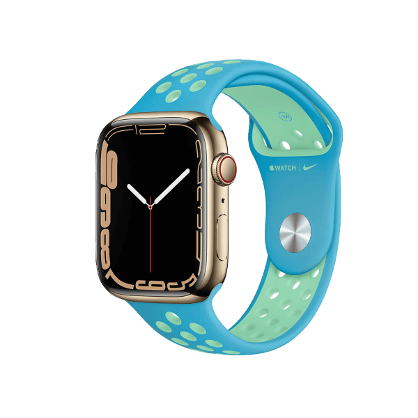 Refurbished Apple Watch Series 7 | 45mm | Titanium Case Gold | Chlorine Blue/Green Glow Nike sportband | GPS | WiFi + 4G