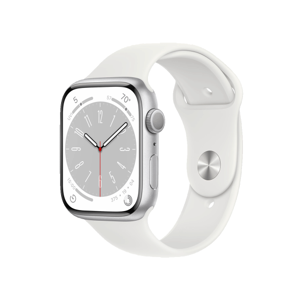 Refurbished Apple Watch Series 8 | 45mm | Aluminum Case Silver | White Sport Band | GPS | WiFi + 4G