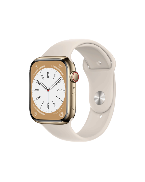 Refurbished Apple Watch Series 8 | 45mm | Stainless Steel Case Gold | Starlight White Sport Band | GPS | WiFi + 4G