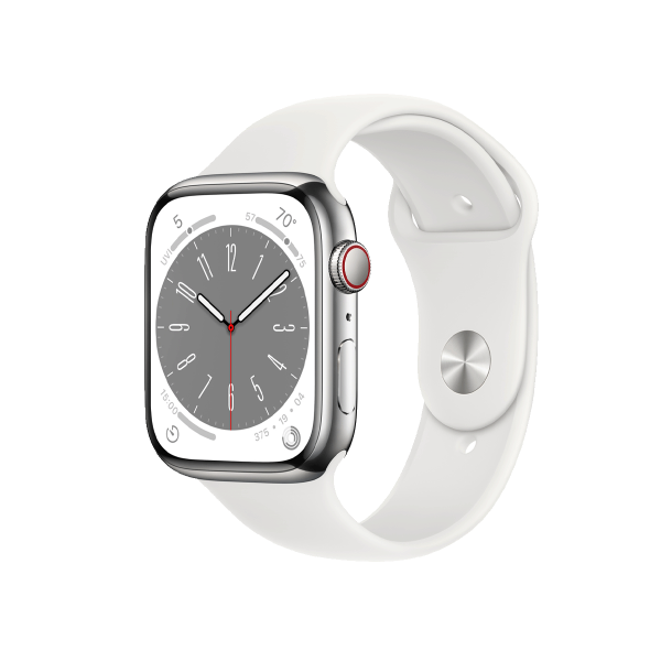 Refurbished Apple Watch Series 8 | 45mm | Stainless Steel Case Silver | White Sport Band | GPS | WiFi + 4G