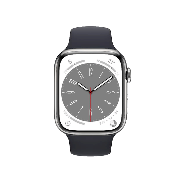 Refurbished Apple Watch Series 8 | 45mm | Stainless Steel Case Silver | Black Sport Band | GPS | WiFi + 4G