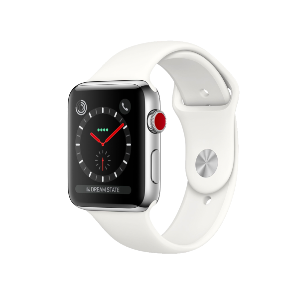 Refurbished Apple Watch Series 3 | 42mm | Stainless Steel Case Silver | White Sport Band | GPS | WiFi