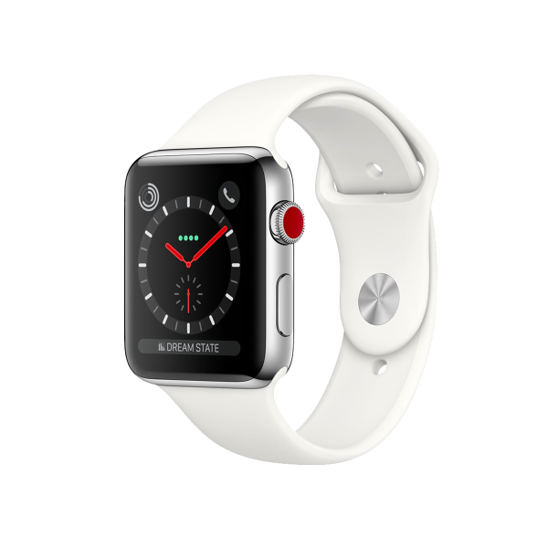 Refurbished Apple Watch Series 3 | 42mm | Stainless Steel Case Silver | White Sport Band | GPS | WiFi + 4G